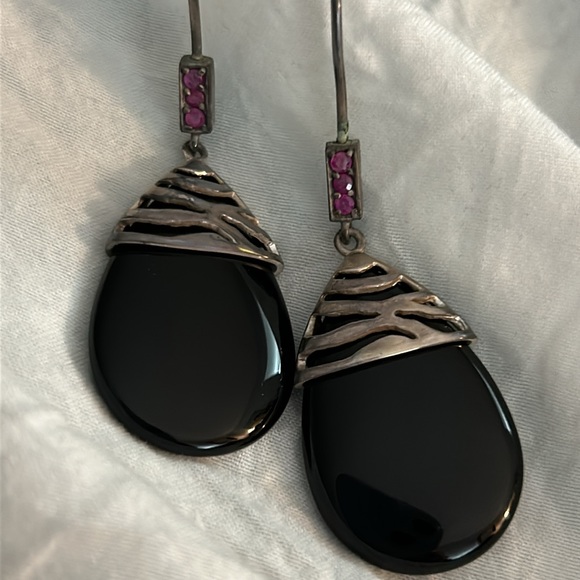 Vintage David Sigal 925 Sterling Onyx Ruby Earrings - Picture 9 of 14